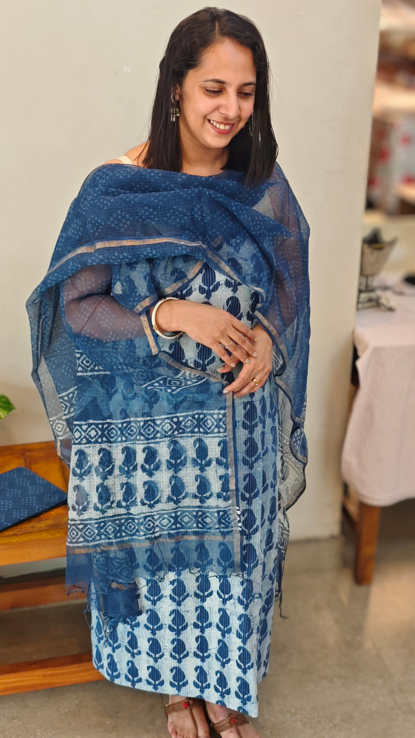 Indigo cotton suit with kota doria dupatta