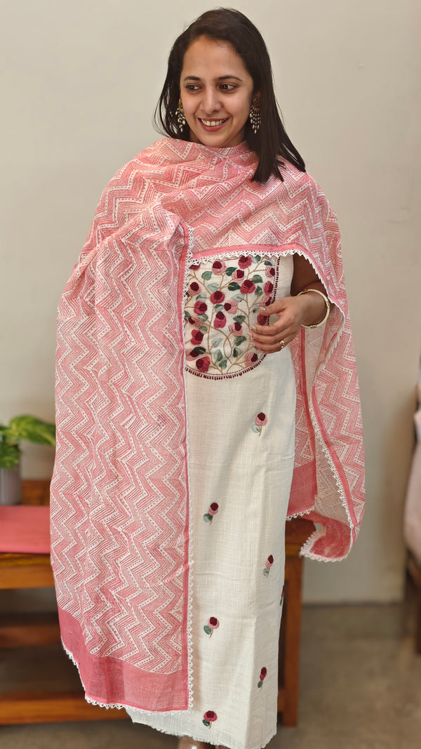 Off white cotton linen suit with hand embroidery