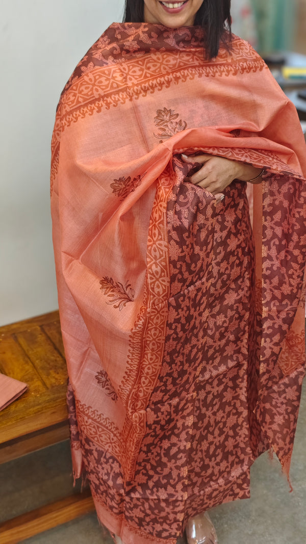 Brown and peach block printed tussar silk suit