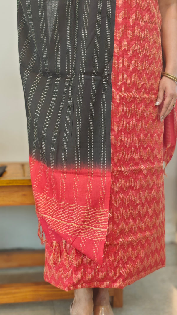 Red and black semi tussar woven suit
