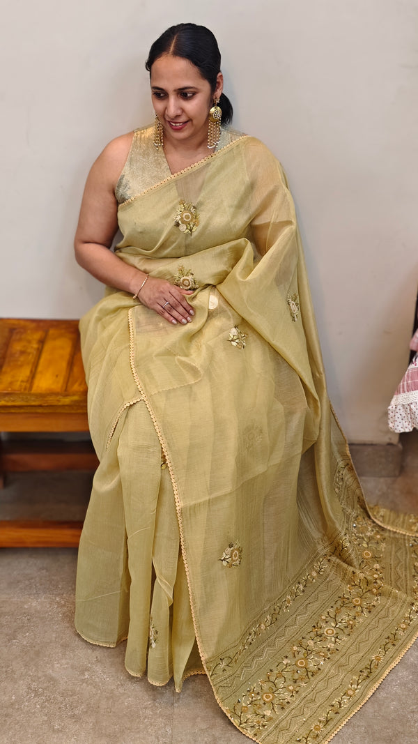 Golden yellow hand embroidered saree - 57033