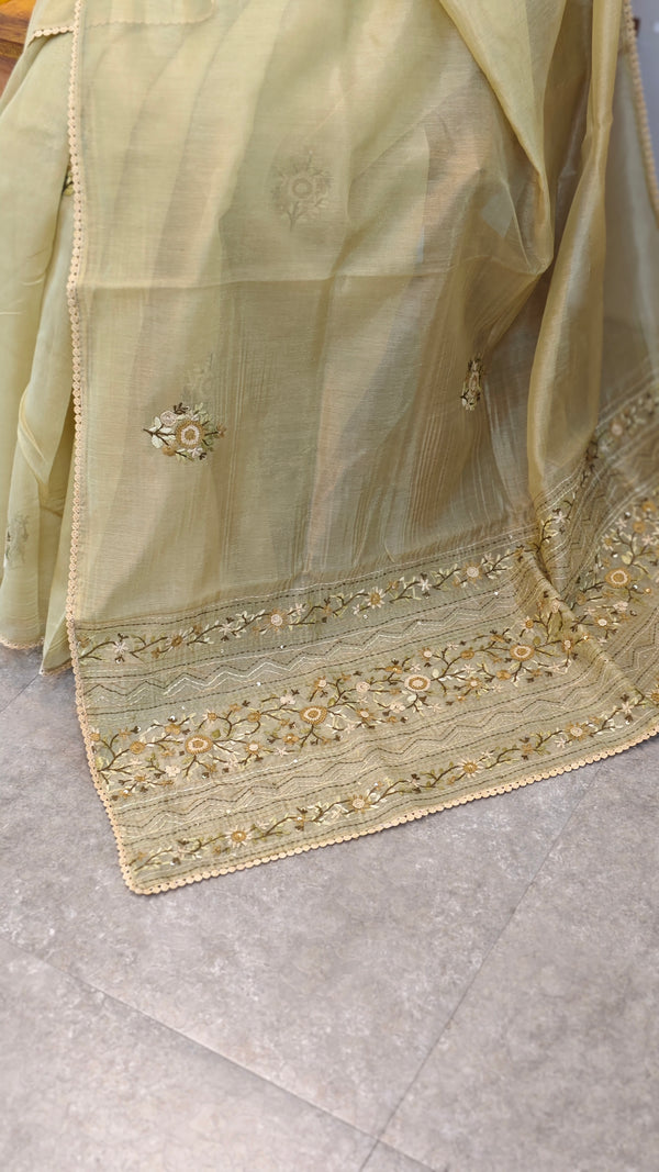 Golden yellow hand embroidered saree - 57033