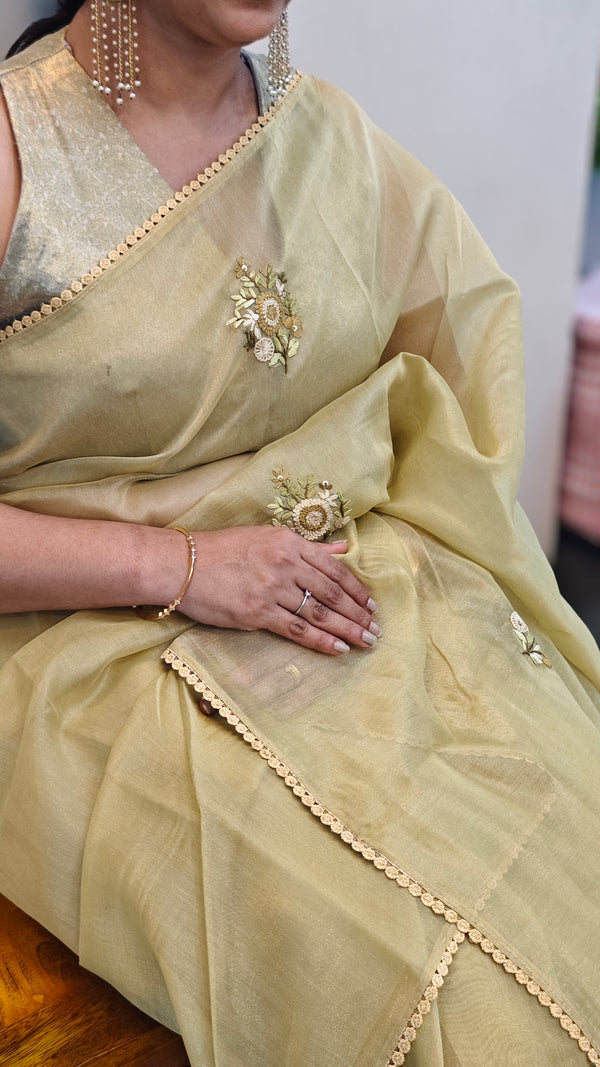 Golden yellow hand embroidered saree - 57033