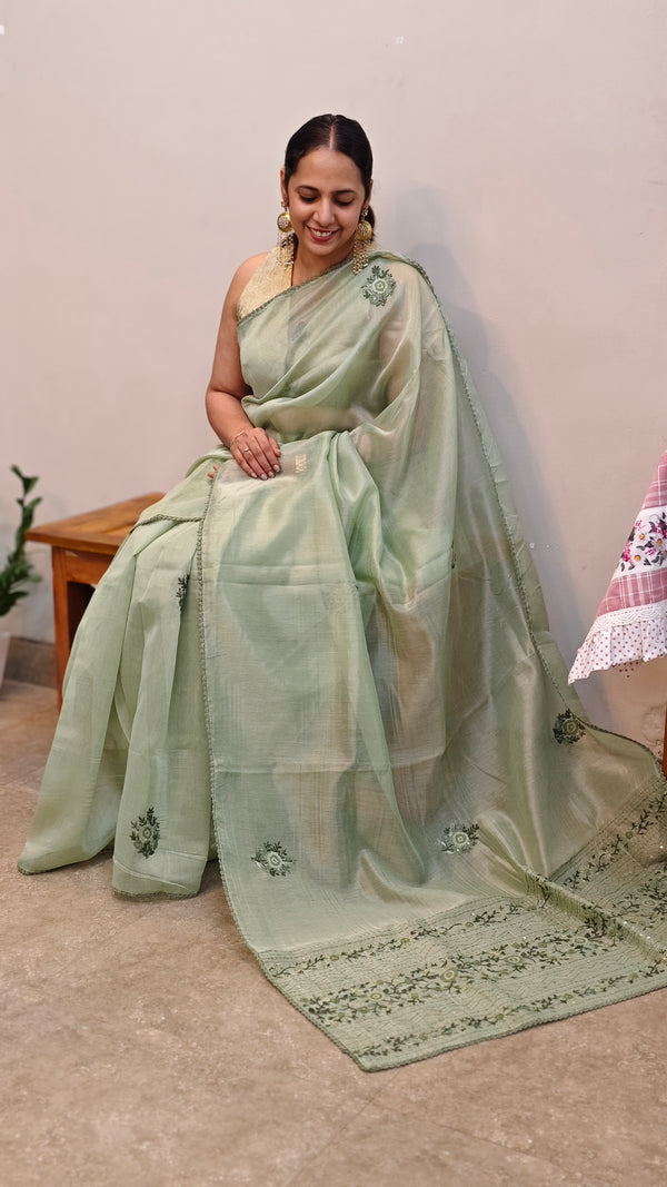 Green Hand embroidered saree-57033