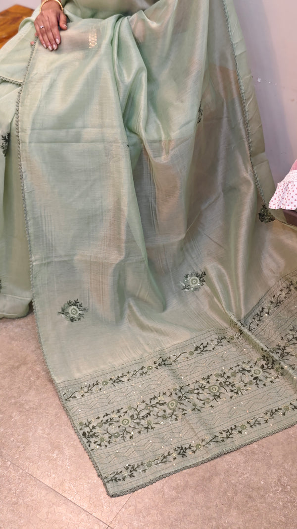 Green Hand embroidered saree-57033