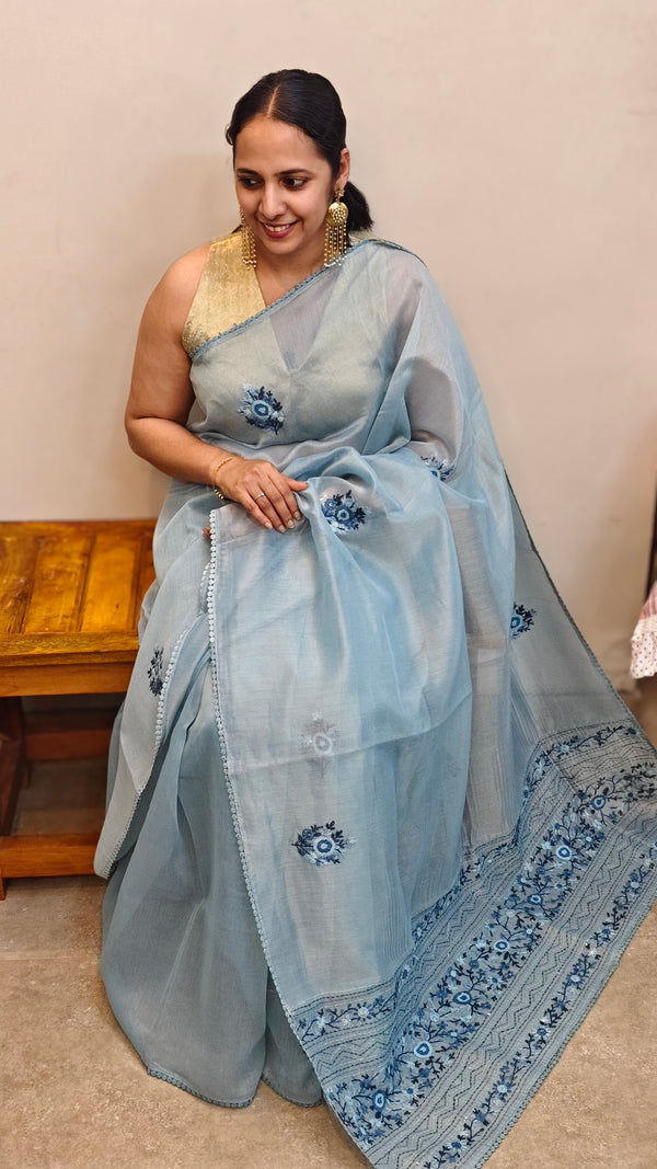 Blue Hand embroidered saree -57033