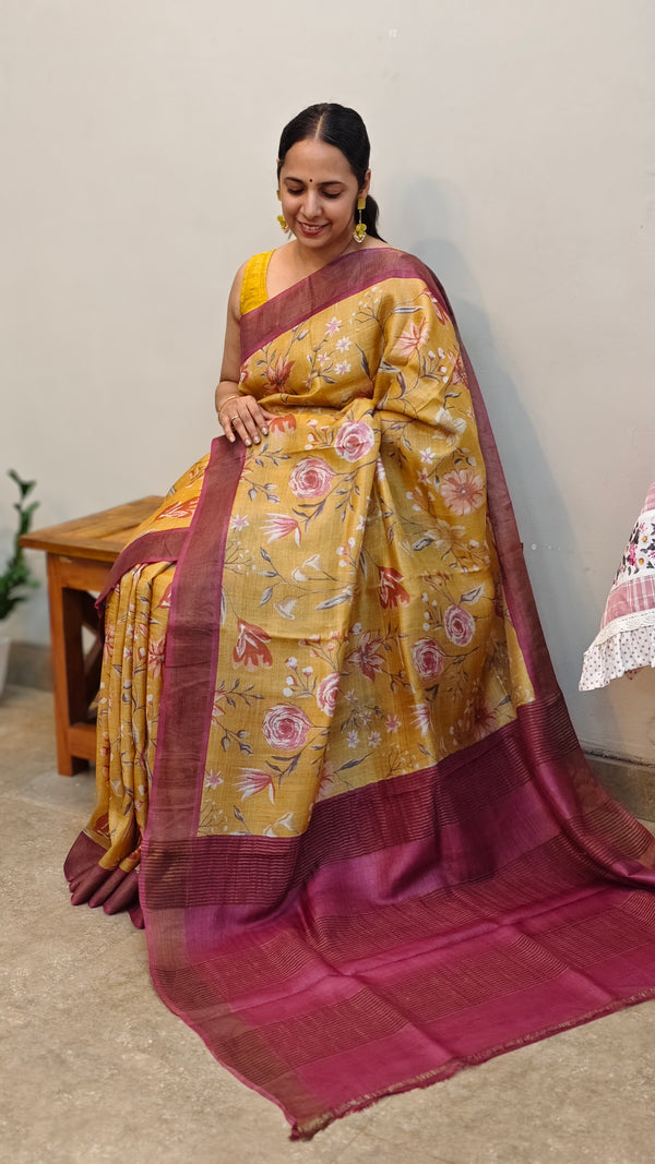 Mustard and pink floral printed tussar silk saree - 48002