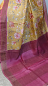 Mustard and pink floral printed tussar silk saree - 48002