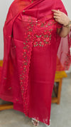 Red Net kota suit with cross stitch embroidery