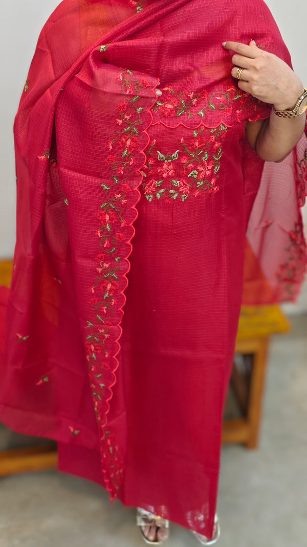 Red Net kota suit with cross stitch embroidery