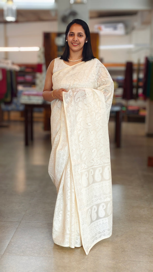 Milky white embroidered organza silk saree - FV703