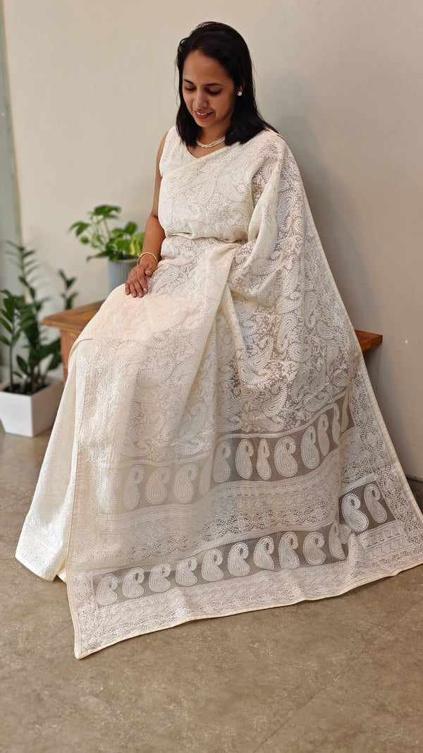 Milky white embroidered organza silk saree - FV703