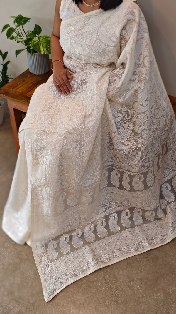 Milky white embroidered organza silk saree - FV703