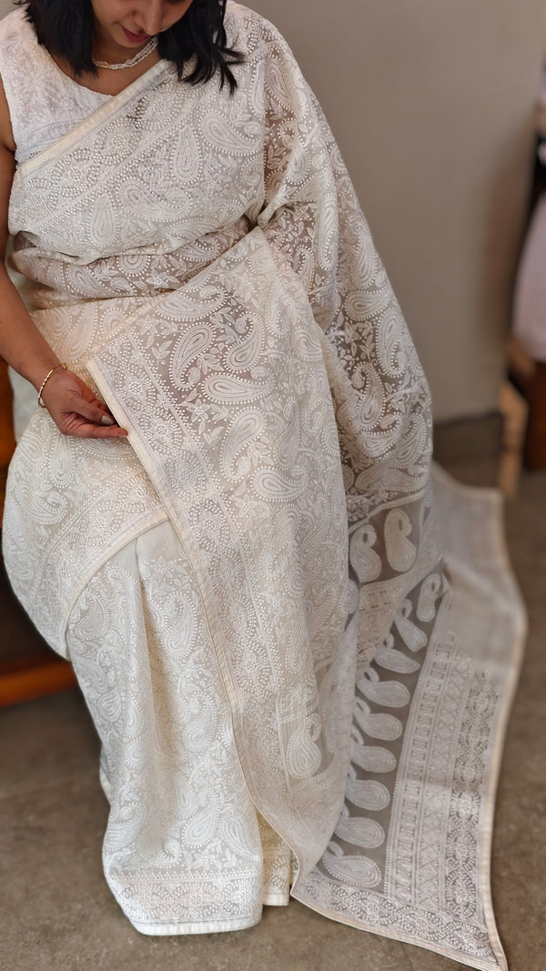 Milky white embroidered organza silk saree - FV703