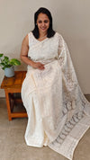 Milky white embroidered organza silk saree - FV703