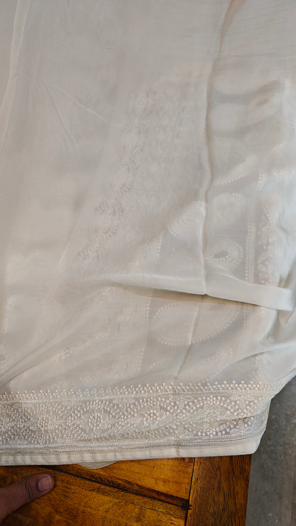 Milky white embroidered organza silk saree - FV703