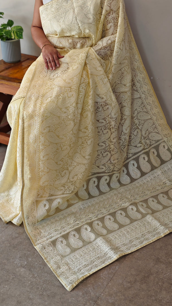 Canary yellow embroidered organza silk saree - FV703