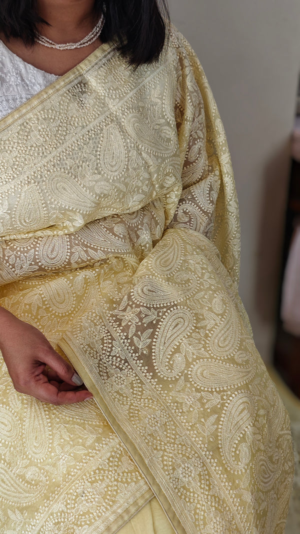 Canary yellow embroidered organza silk saree - FV703