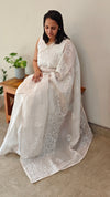 Ivory white organza silk saree with chikankari embroidery