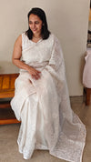 Ivory white organza silk saree with chikankari embroidery