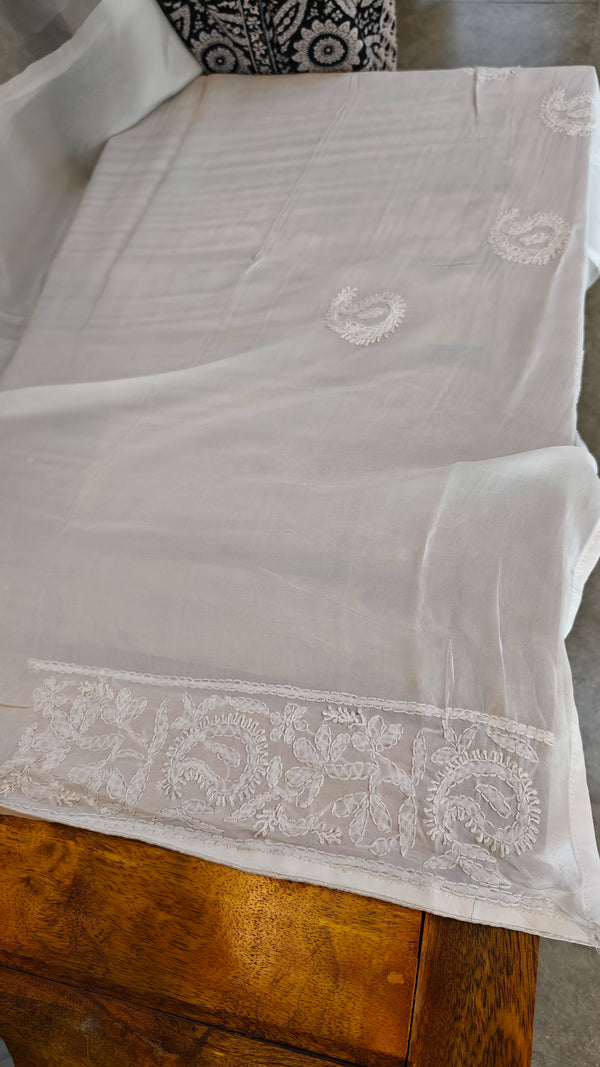 Ivory white organza silk saree with chikankari embroidery