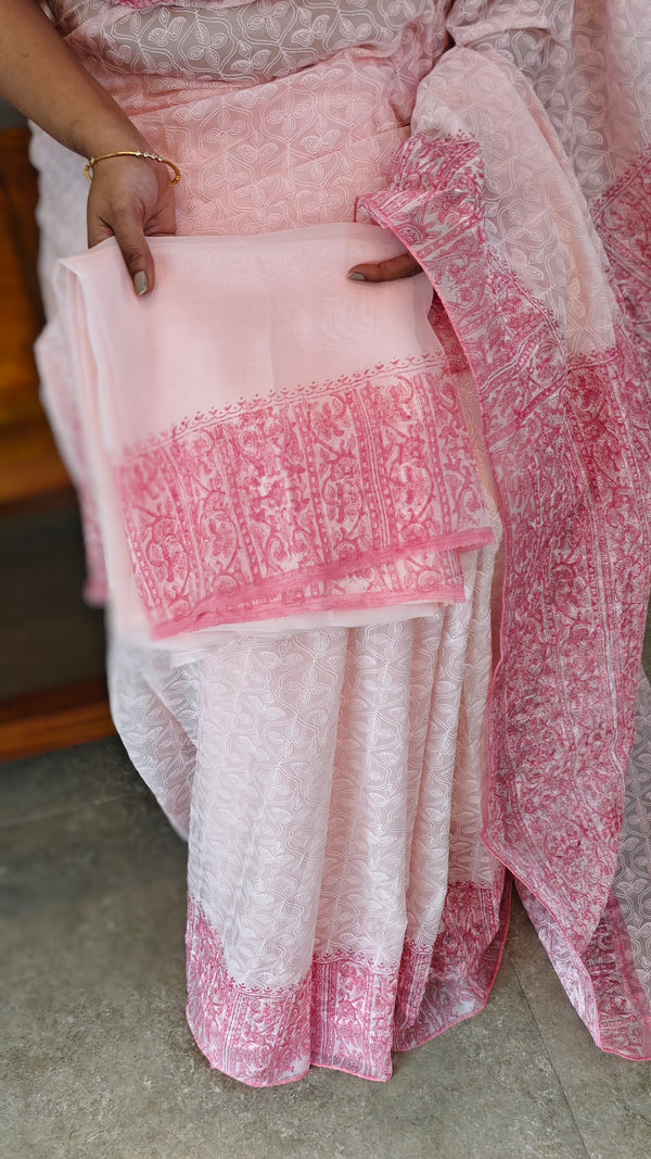 Baby pink block printed embroidered organza saree