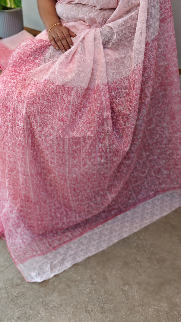 Baby pink block printed embroidered organza saree