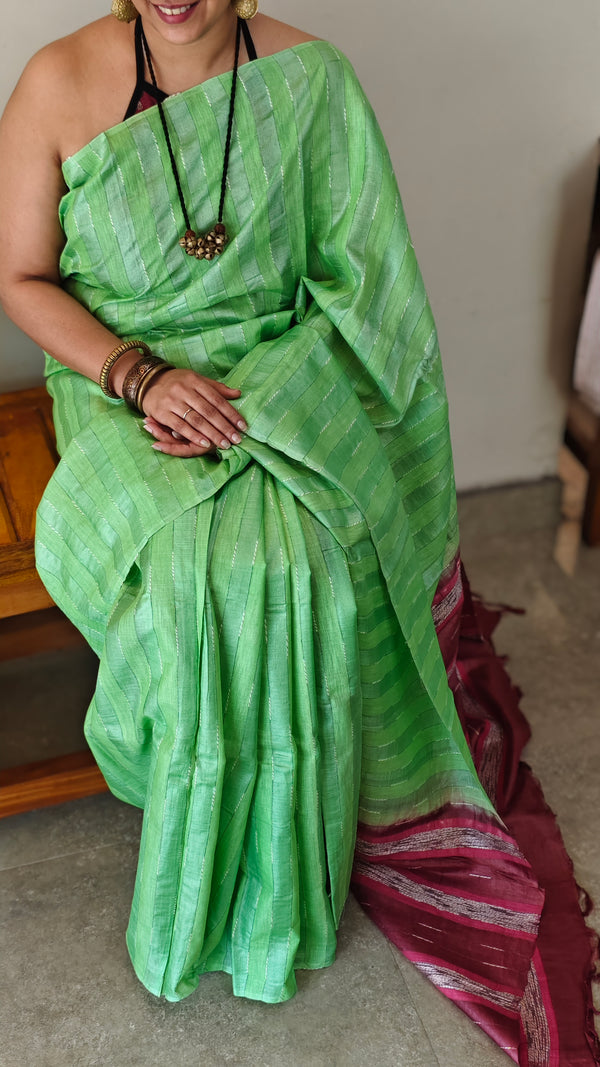 Green and Maroon mungatussar silk saree