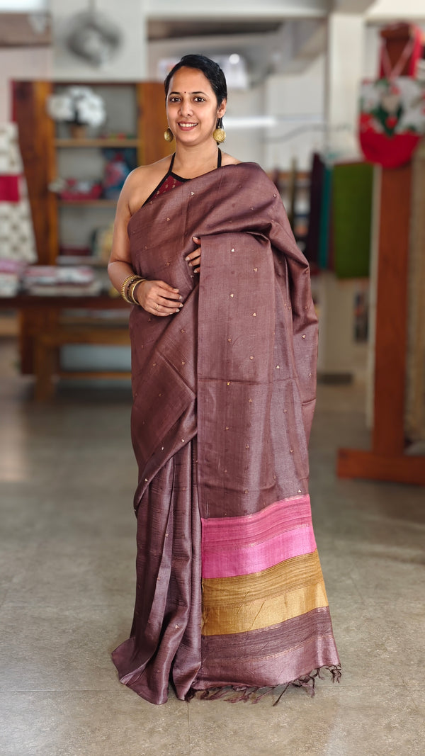 Dark Mauve shade Tussar silk saree