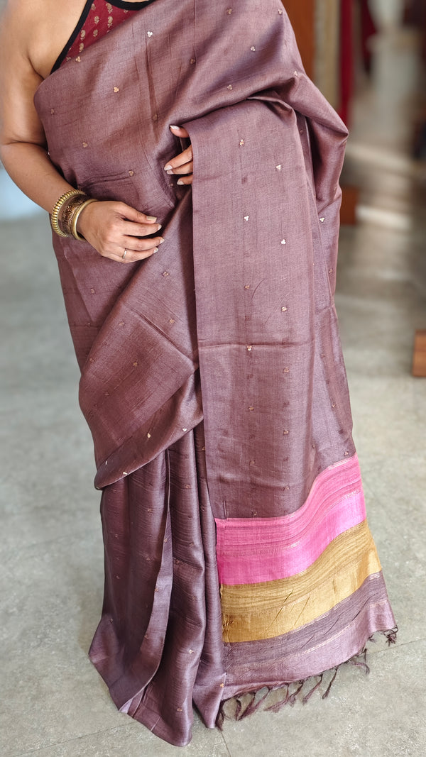 Dark Mauve shade Tussar silk saree