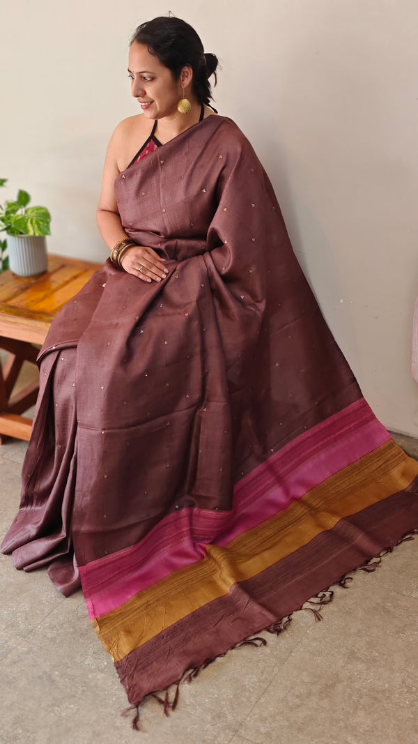 Dark Mauve shade Tussar silk saree