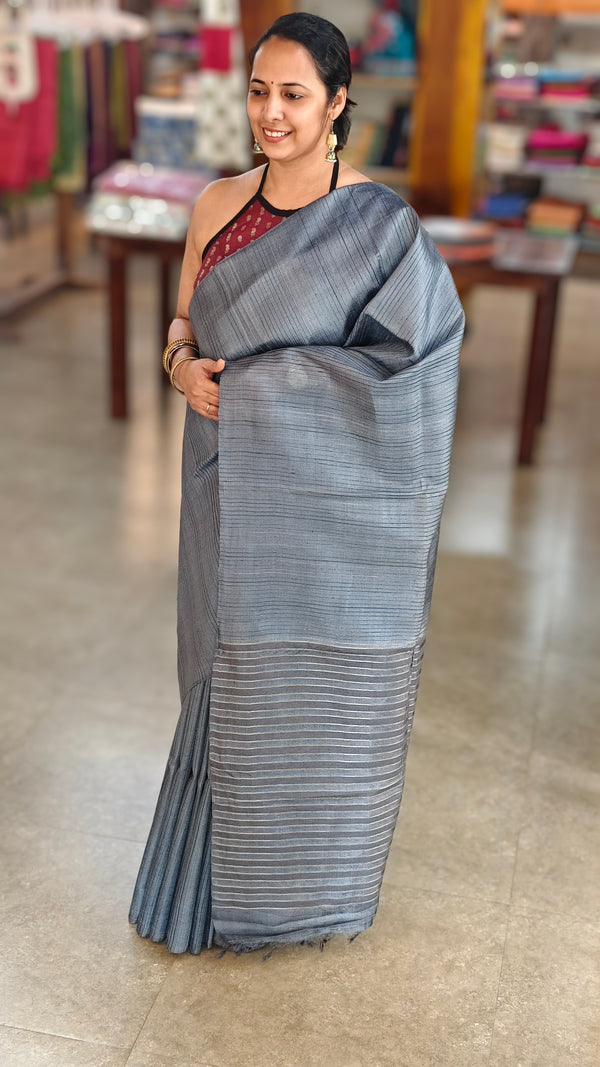 Bluish grey tussar silk saree