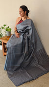 Bluish grey tussar silk saree