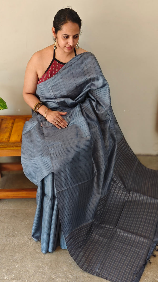 Bluish grey tussar silk saree