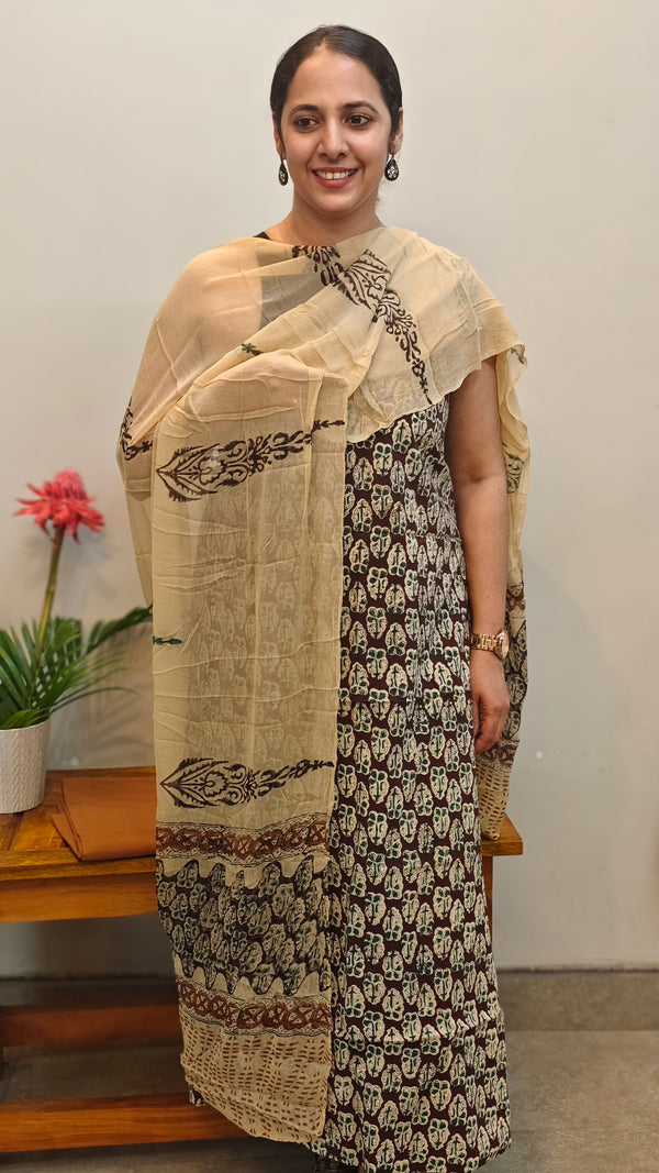 Brown and beige block printed cotton suit