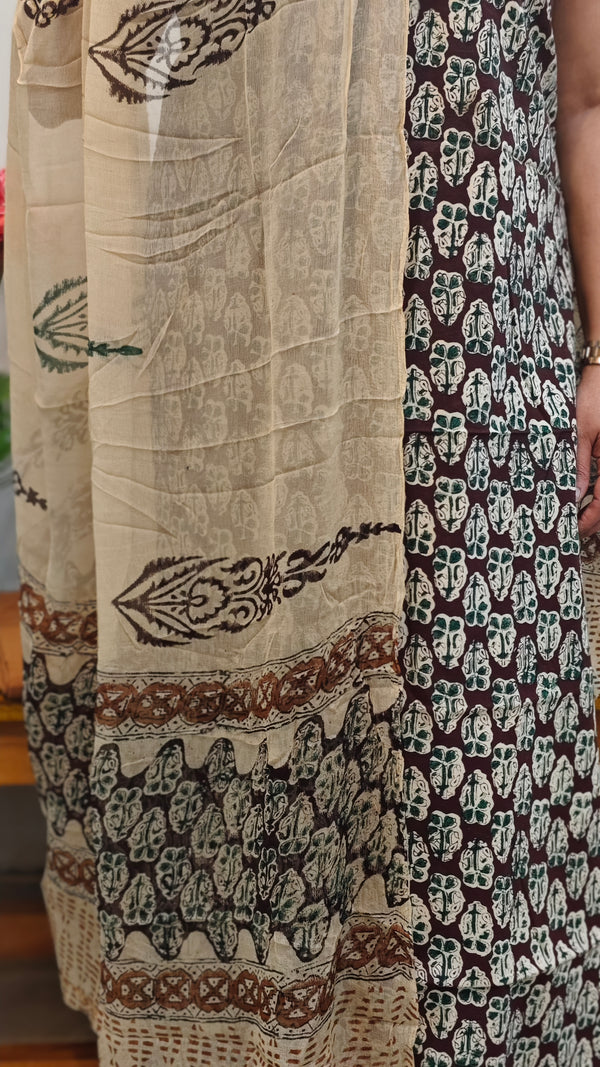 Brown and beige block printed cotton suit
