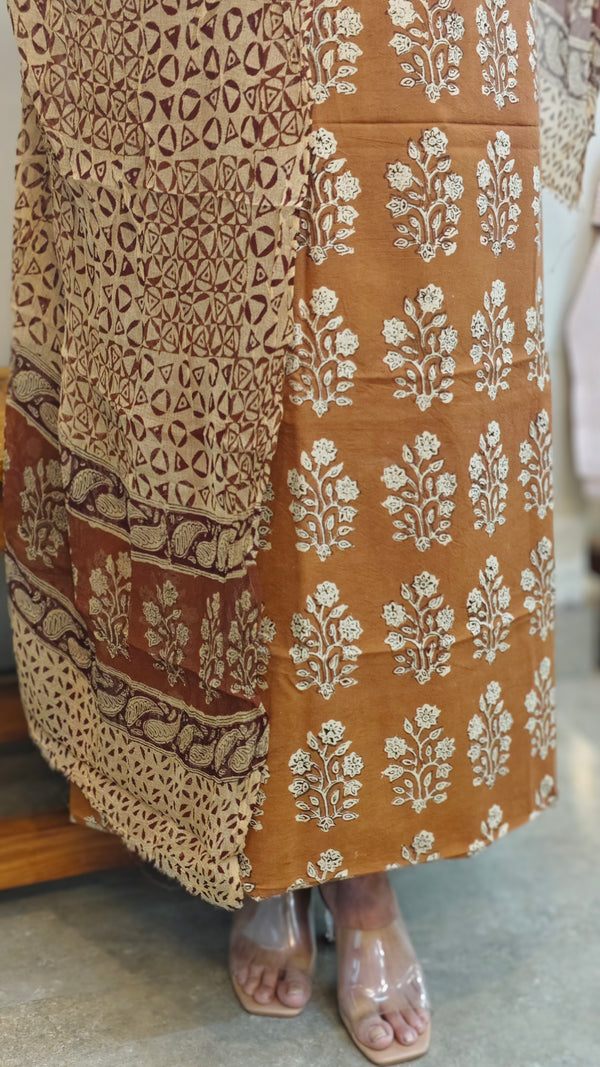 mustard block printed cotton suit