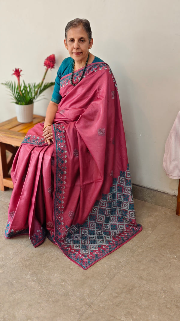 Rogue pink kutch work tussar silk saree