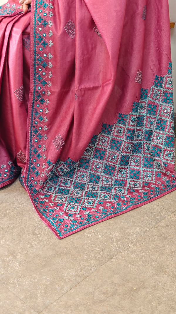 Rogue pink kutch work tussar silk saree