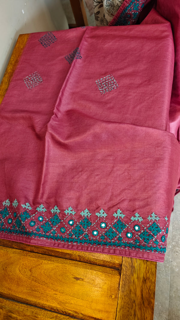 Rogue pink kutch work tussar silk saree