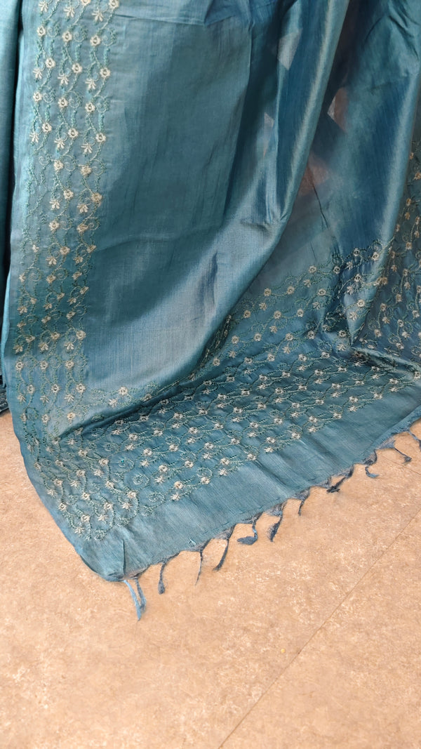 Turquoise embroidered tussar silk saree
