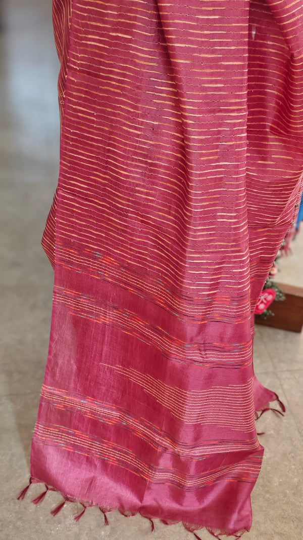 Maroon tussar silk saree with jute weaving