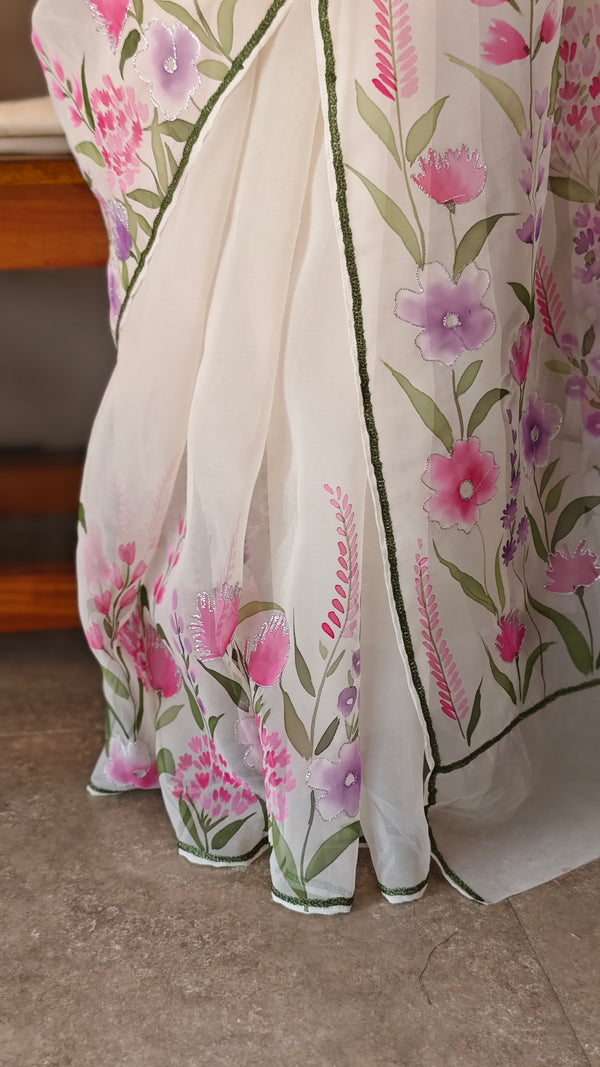Off white brush painted organza saree