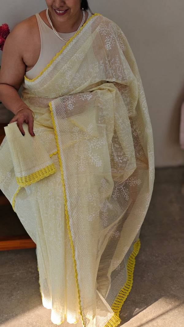 Yellow block printed net kota saree