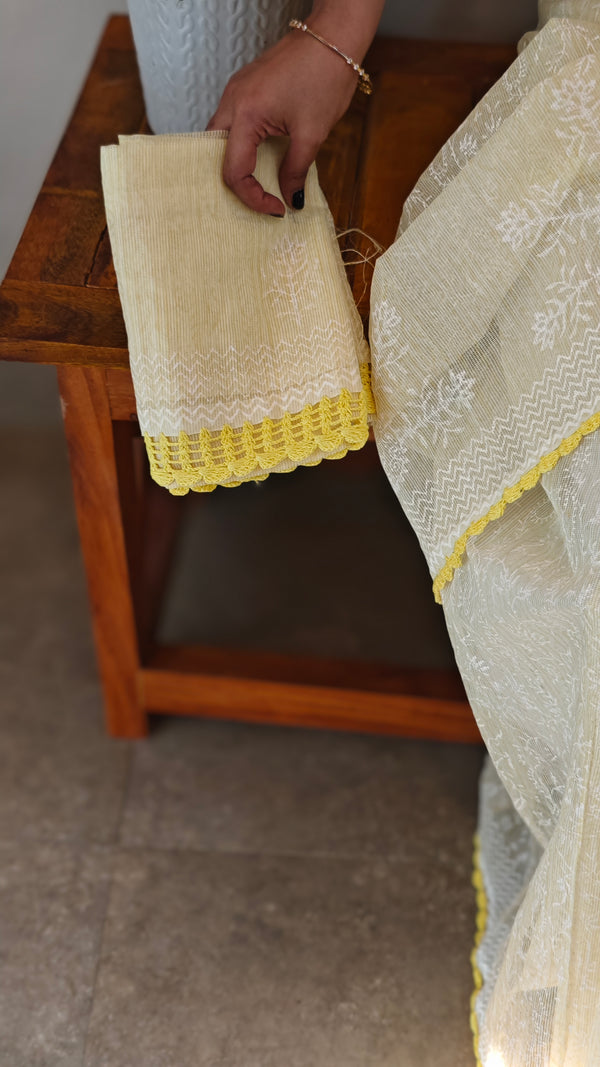 Yellow block printed net kota saree