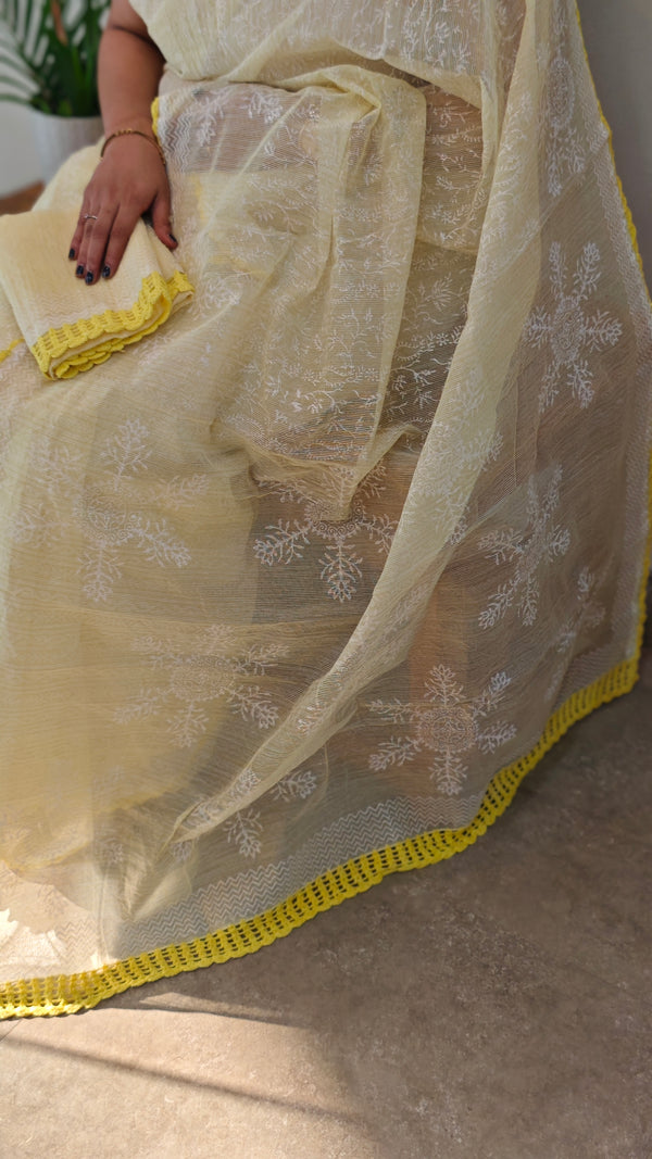 Yellow block printed net kota saree