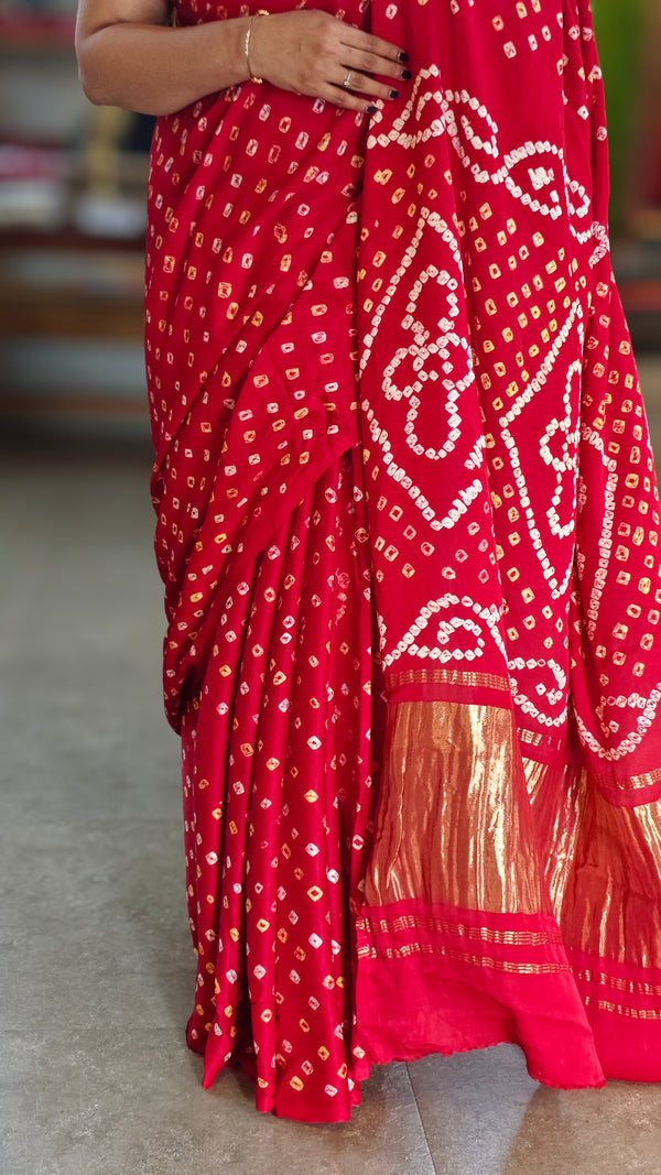 Red hand bhandej modal silk saree