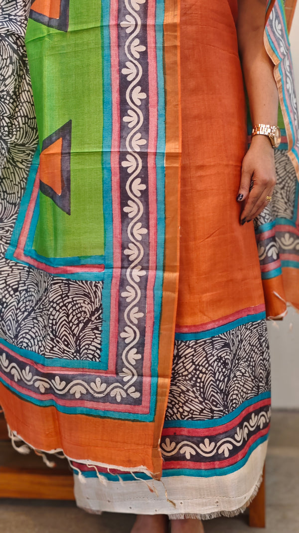 Orange and green tussar silk suit