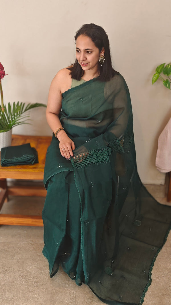 Bottle green kota cotton saree with crochet work - 820
