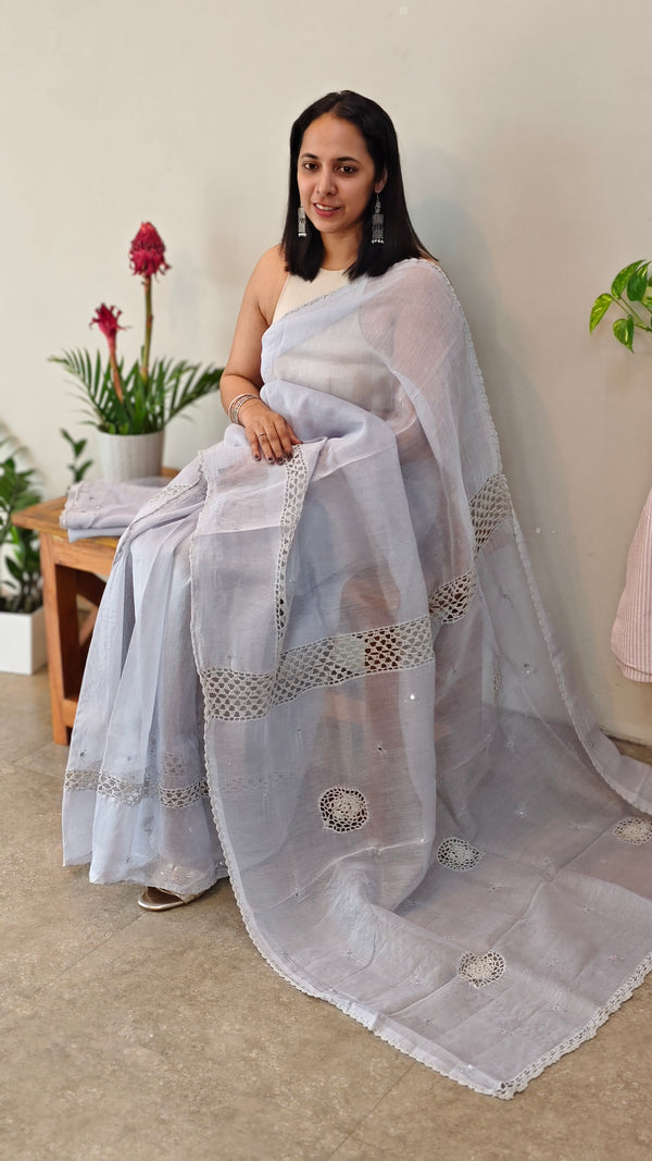 Light pastel bluish grey kota cotton saree with crochet work - 820